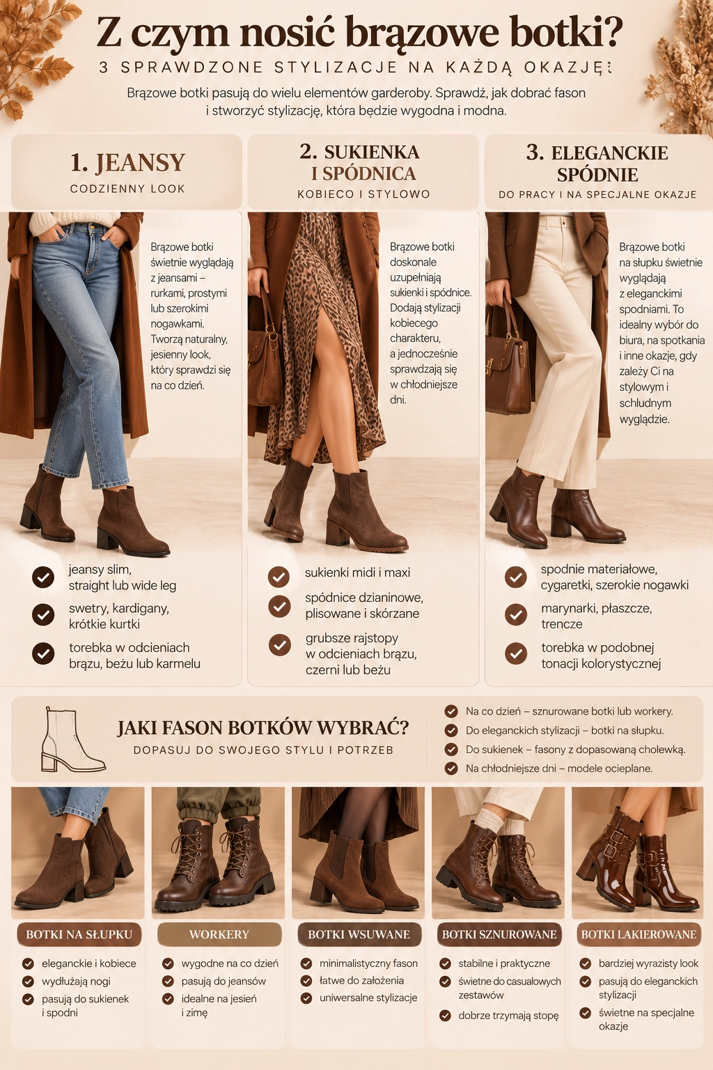 Brązowe botki – inspiracje do jeansów, sukienek i eleganckich spodni